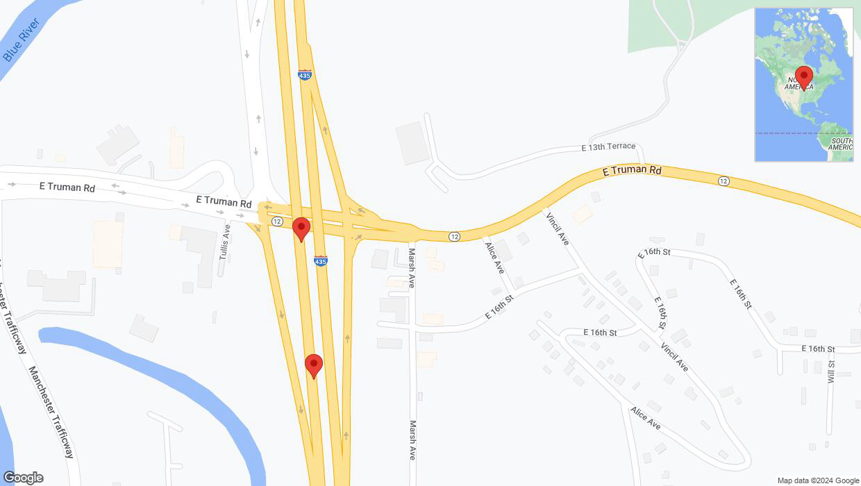 A detailed map that shows the affected road due to 'Broken down vehicle on southbound I-435 in Kansas City' on August 9th at 10:43 p.m.