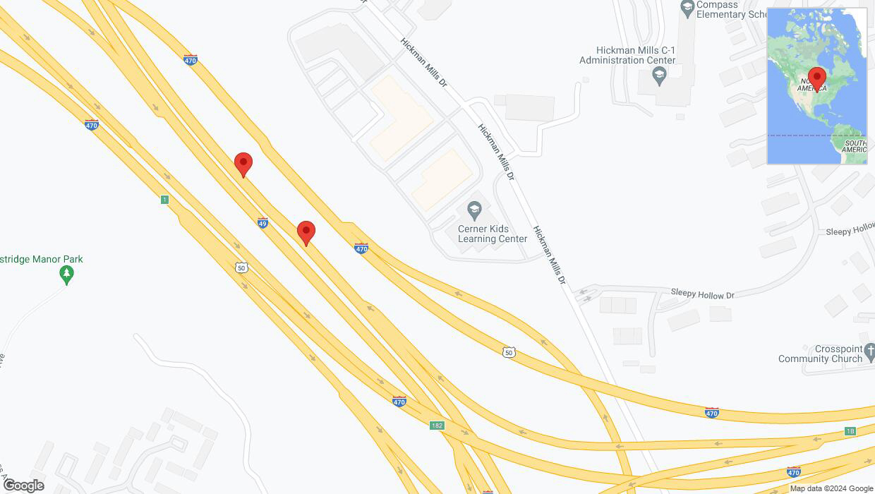 A detailed map that shows the affected road due to 'Broken down vehicle on northbound I-40/US-71 in Kansas City' on August 9th at 11:55 p.m.