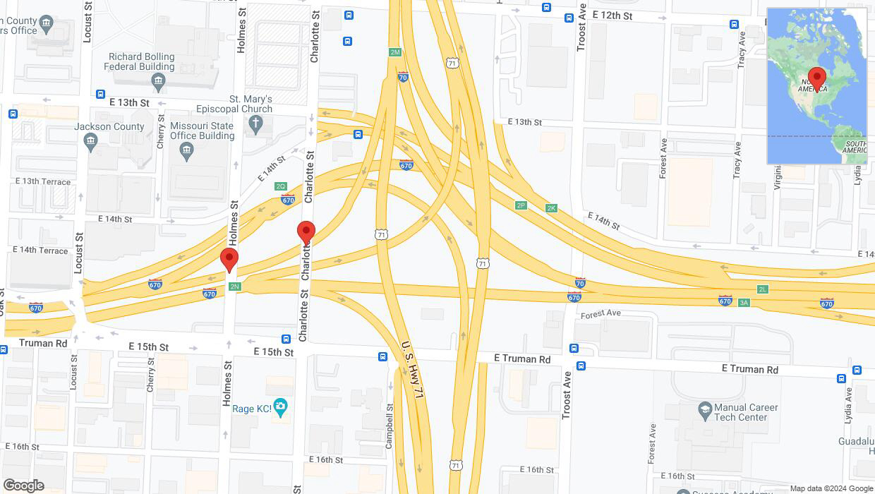 A detailed map that shows the affected road due to 'Broken down vehicle on Charlotte Street in Kansas City' on August 10th at 6:07 p.m.