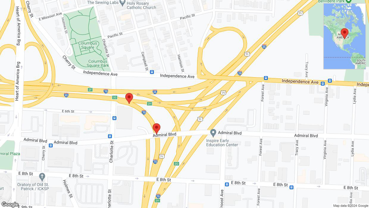 A detailed map that shows the affected road due to 'Broken down vehicle on eastbound I-70 in Kansas City' on August 10th at 2:11 p.m.