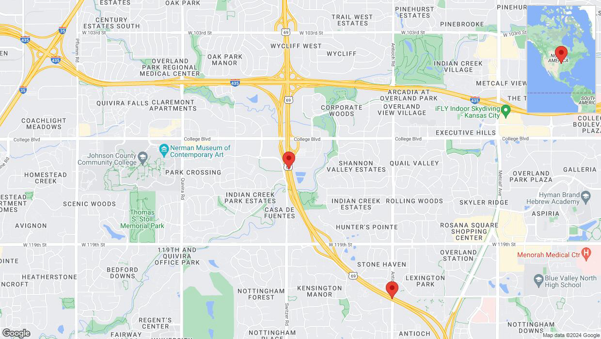 A detailed map that shows the affected road due to 'Lane on US-69 closed in Overland Park' on August 10th at 11:59 a.m.