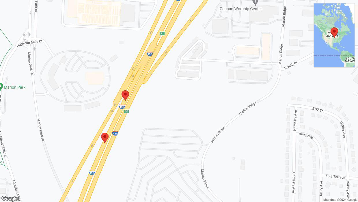 A detailed map that shows the affected road due to 'Broken down vehicle on southbound I-435 in Kansas City' on August 10th at 12:29 p.m.