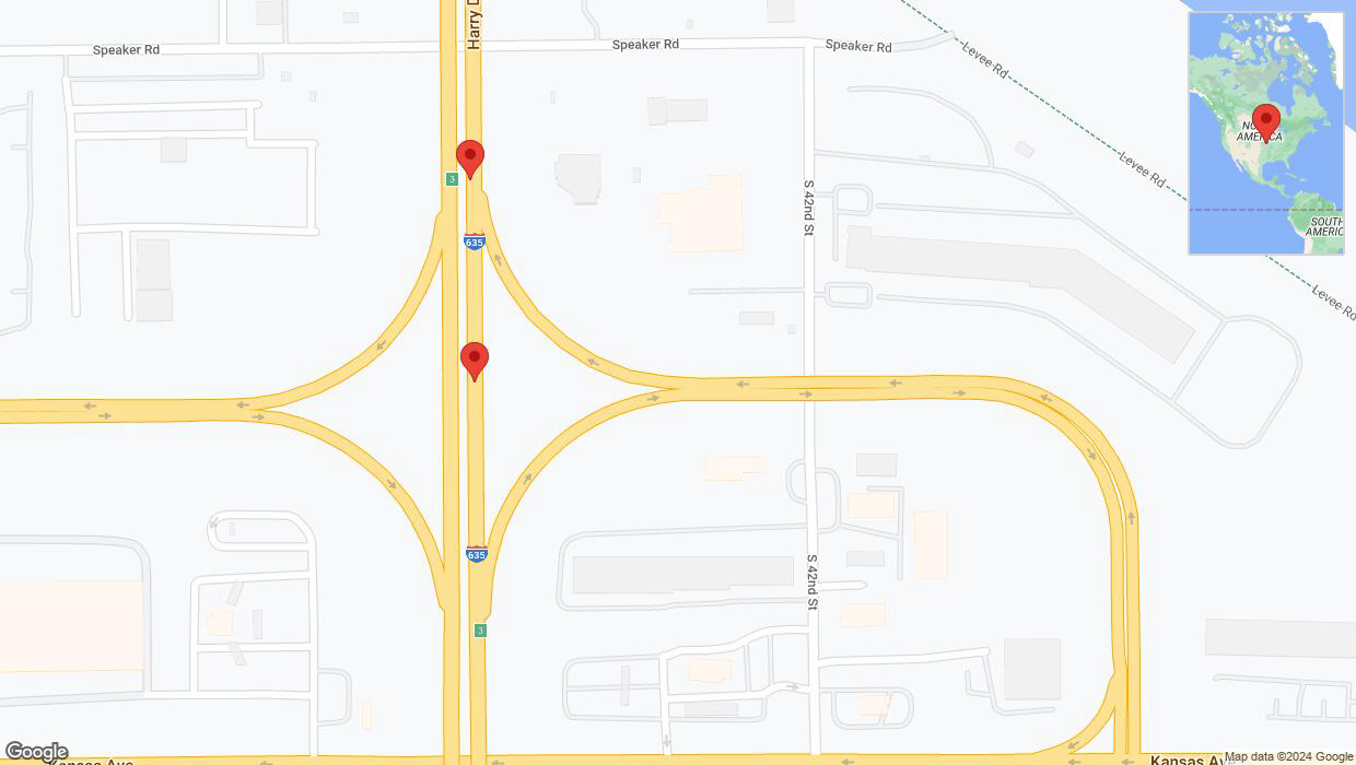 A detailed map that shows the affected road due to 'Broken down vehicle on northbound I-635 in Kansas City' on August 10th at 2:11 p.m.