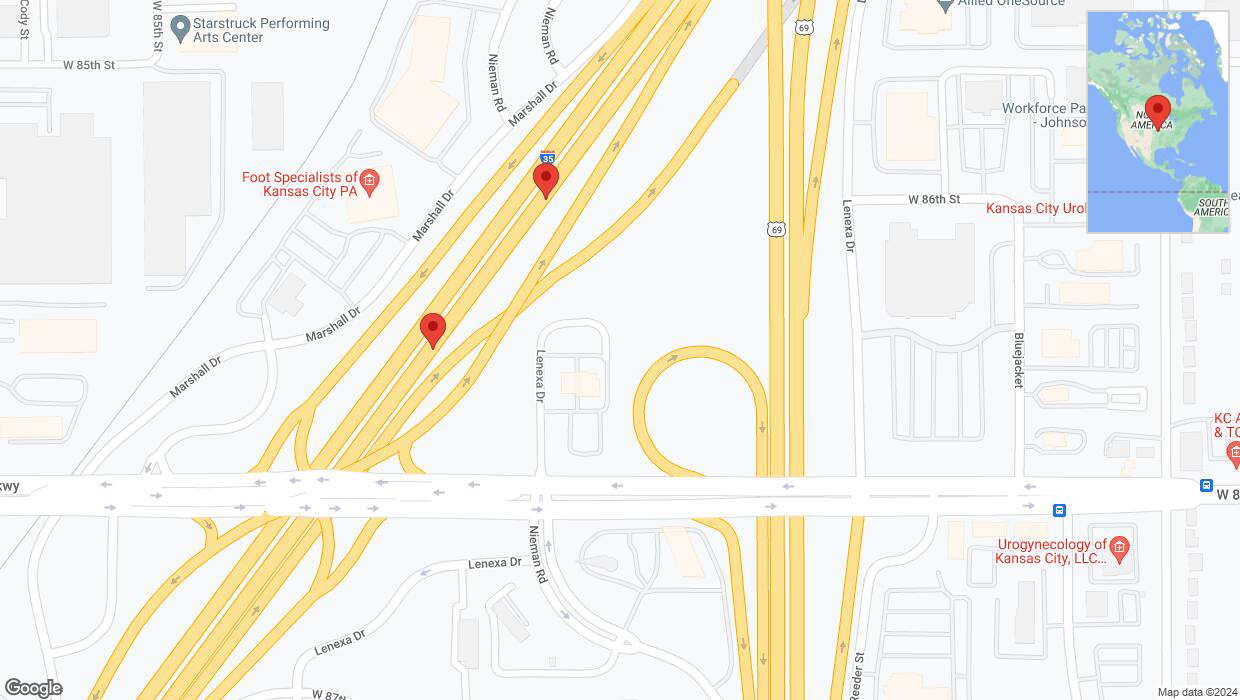A detailed map that shows the affected road due to 'Broken down vehicle on eastbound I-35 in Lenexa' on August 10th at 1:53 p.m.