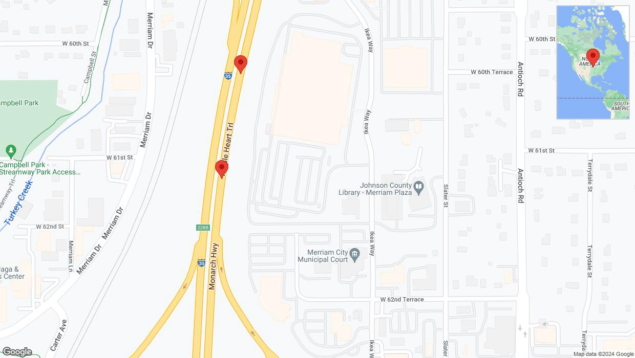 A detailed map that shows the affected road due to 'Broken down vehicle on northbound I-35 in Merriam' on August 10th at 3:47 p.m.