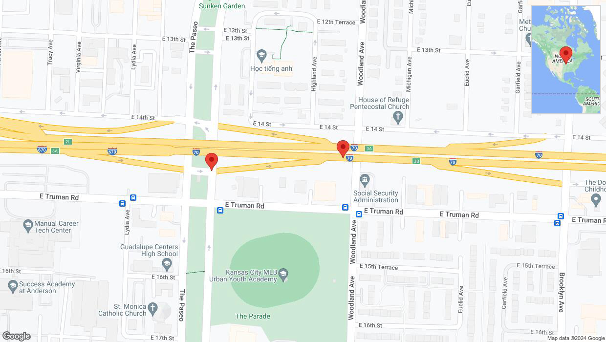 A detailed map that shows the affected road due to 'Broken down vehicle on The Paseo in Kansas City' on August 10th at 3:35 p.m.