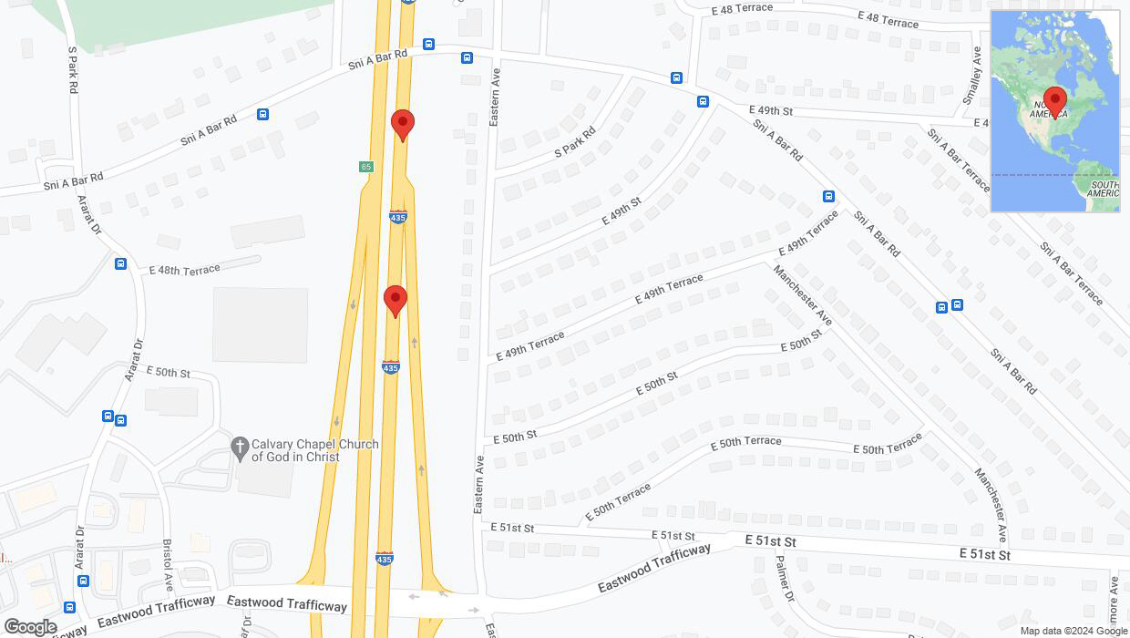 A detailed map that shows the affected road due to 'Broken down vehicle on northbound I-435 in Kansas City' on August 10th at 5:08 p.m.