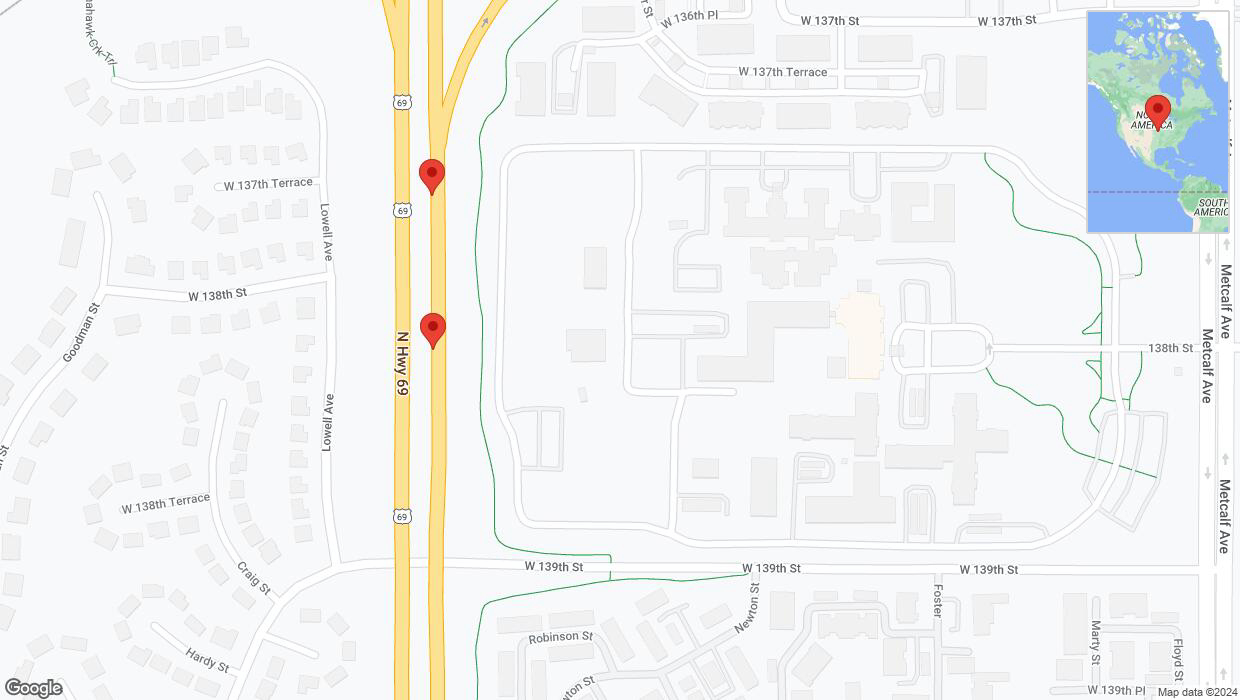 A detailed map that shows the affected road due to 'Broken down vehicle on northbound US-69 in Overland Park' on August 10th at 6:25 p.m.