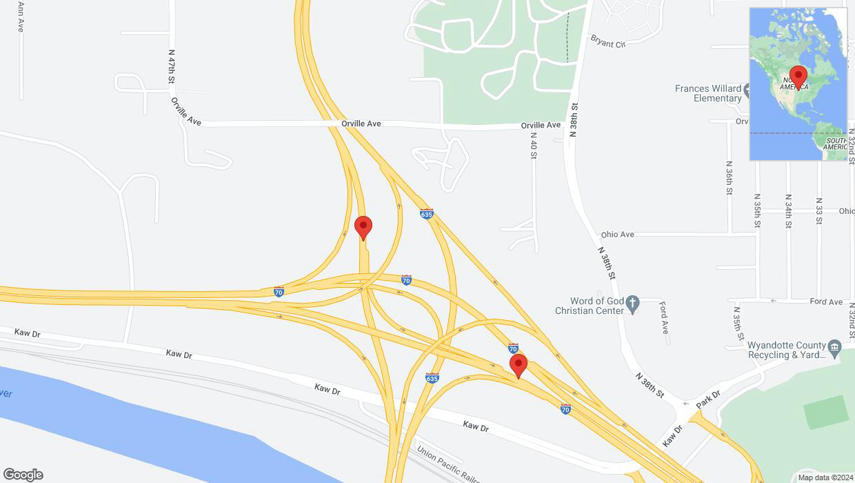 A detailed map that shows the affected road due to 'Harry Darby Memorial Highway temporarily closed in Kansas City' on August 10th at 9:42 p.m.