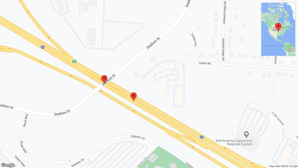 A detailed map that shows the affected road due to 'Broken down vehicle on eastbound I-70 in Kansas City' on August 10th at 9:48 p.m.