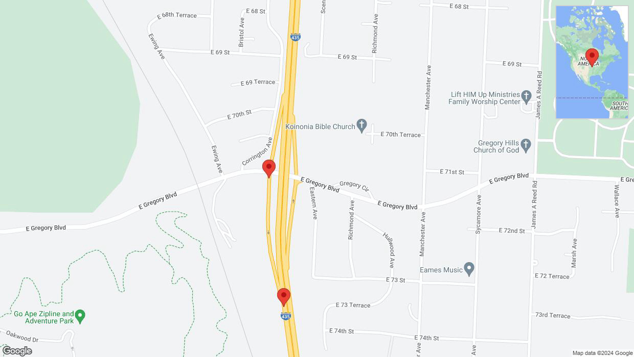 A detailed map that shows the affected road due to 'Broken down vehicle on Strupwood Court in Kansas City' on August 11th at 5:54 p.m.