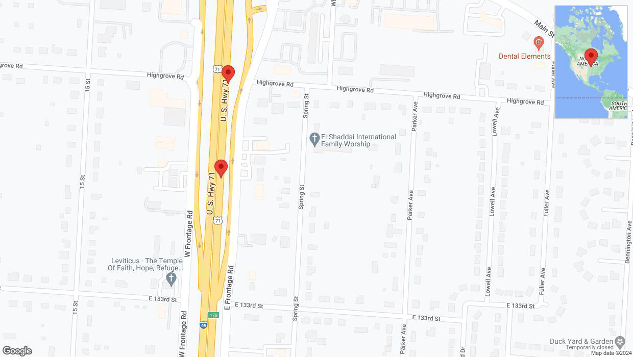A detailed map that shows the affected road due to 'Broken down vehicle on northbound I-40/US-71 in Grandview' on August 11th at 7:54 p.m.