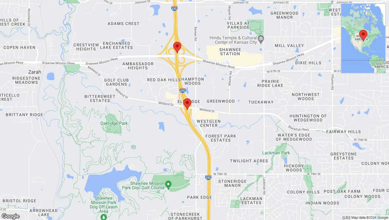 A detailed map that shows the affected road due to 'Heavy rain prompts traffic warning on northbound I-435 in Shawnee' on August 11th at 9:23 p.m.