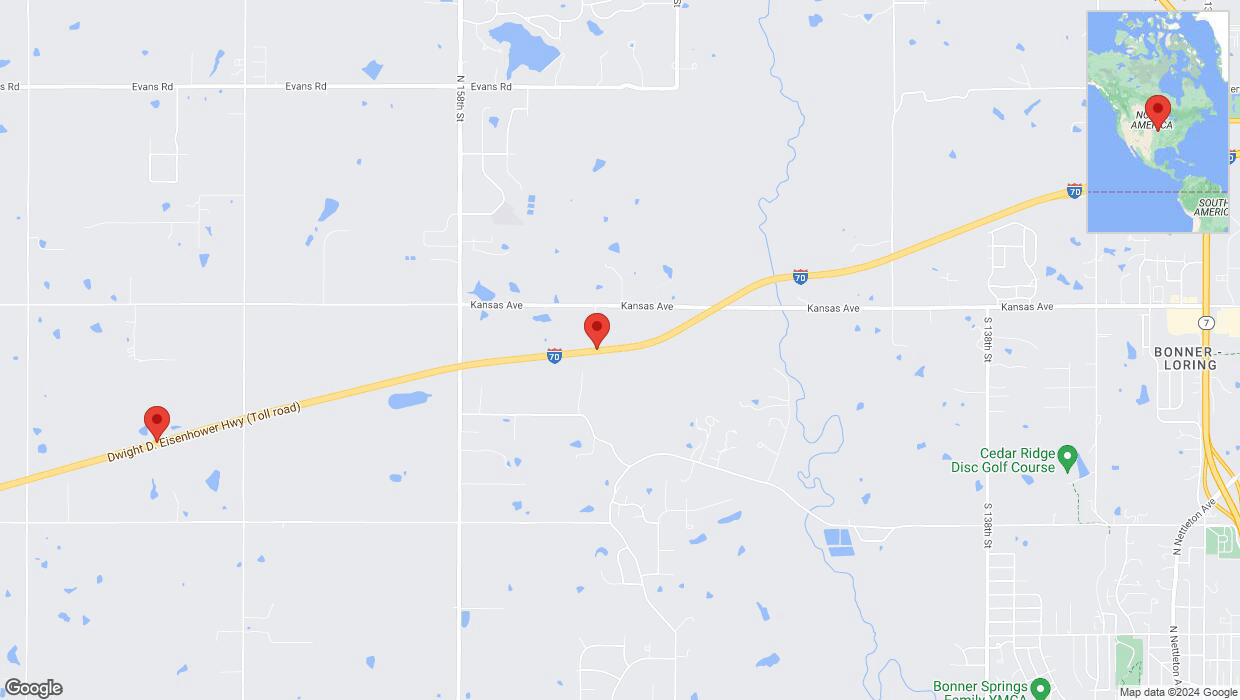 A detailed map that shows the affected road due to 'Traffic alert issued due to heavy rain conditions on westbound I-70 in Tonganoxie' on August 11th at 9:23 p.m.