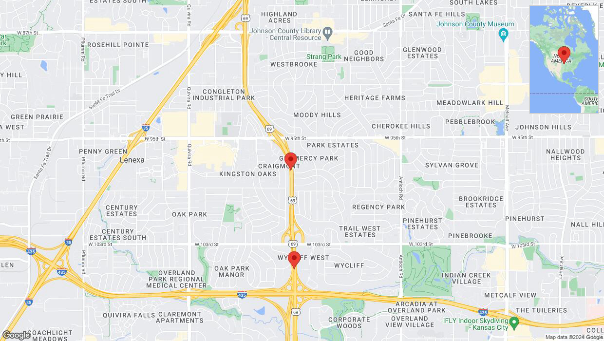 A detailed map that shows the affected road due to 'Traffic alert issued due to heavy rain conditions on southbound US-69 in Overland Park' on August 11th at 9:47 p.m.