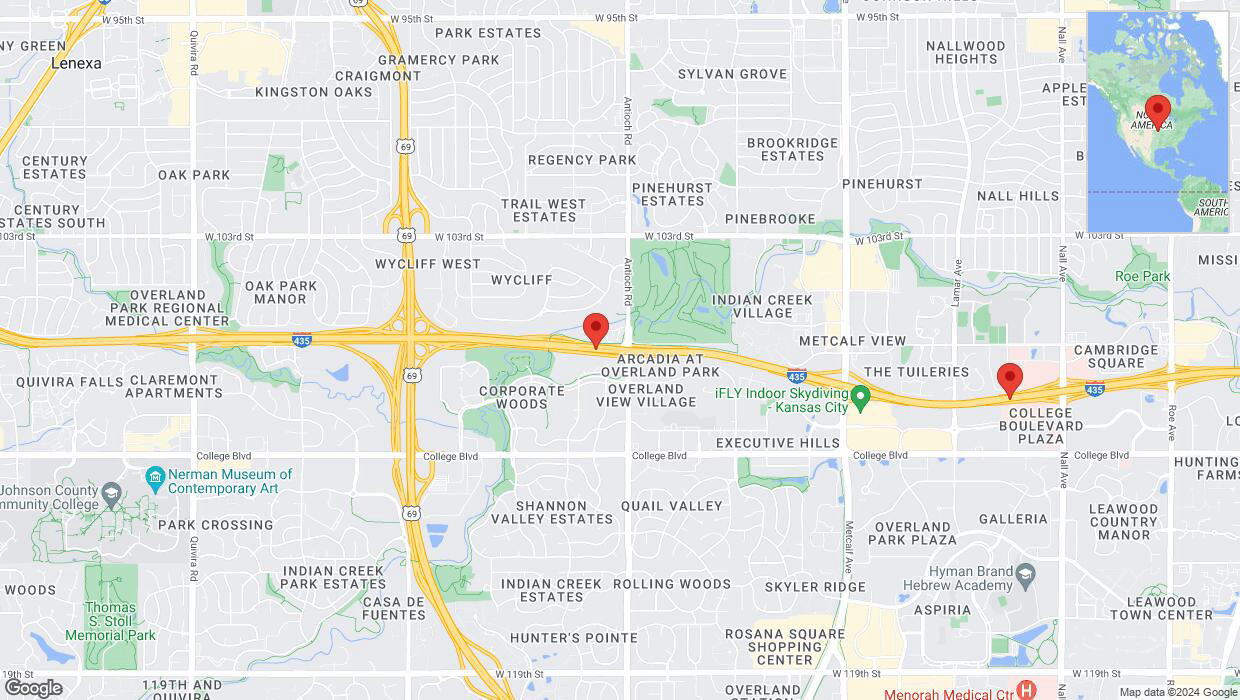 A detailed map that shows the affected road due to 'Heavy rain prompts traffic advisory on eastbound I-435 in Overland Park' on August 11th at 10:05 p.m.