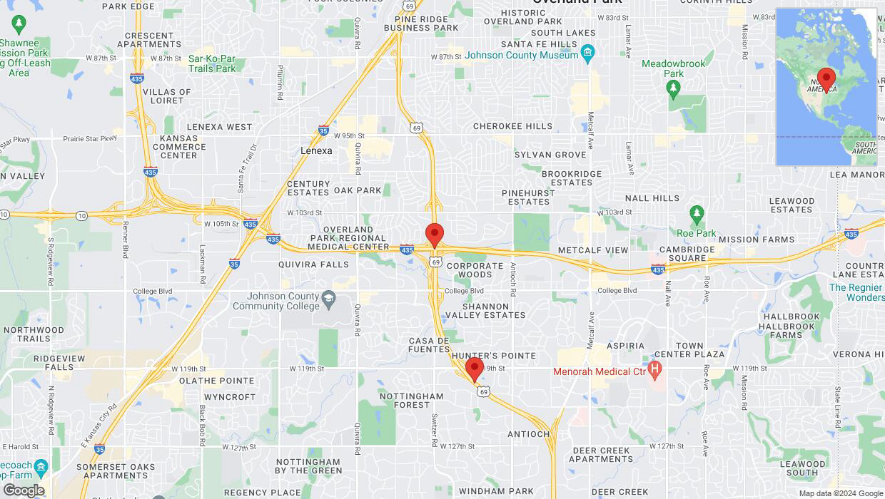 A detailed map that shows the affected road due to 'Heavy rain prompts traffic warning on southbound US-69 in Overland Park' on August 11th at 11:05 p.m.