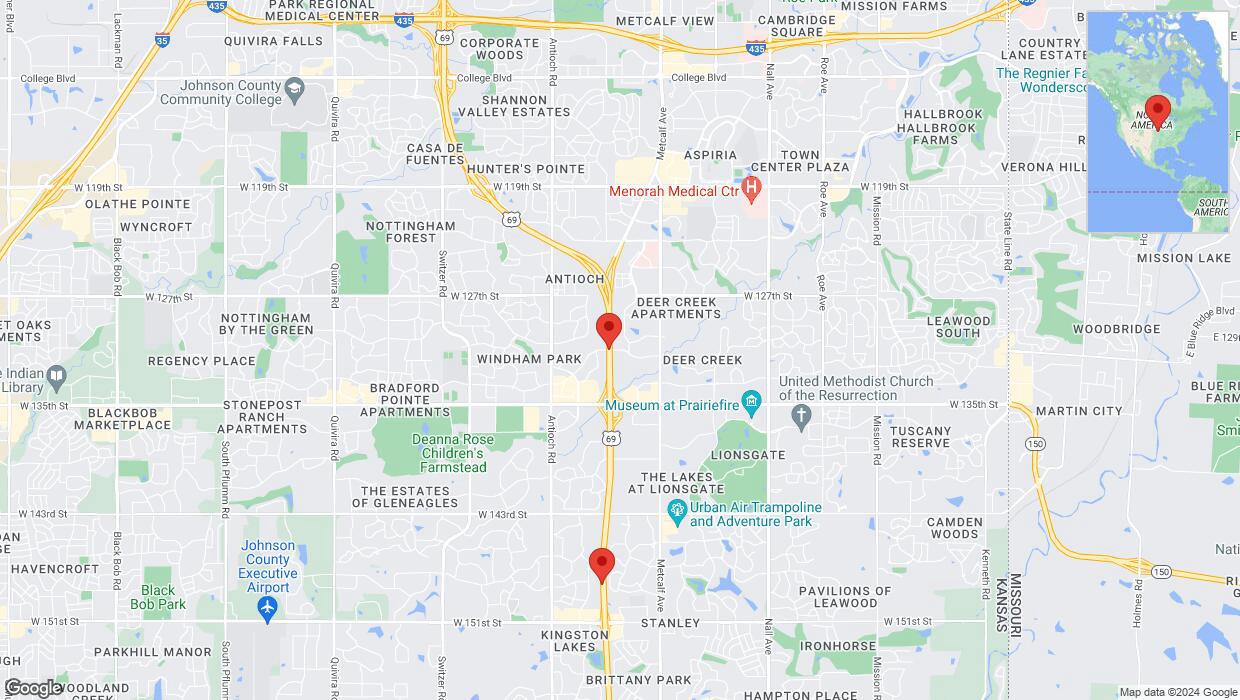 A detailed map that shows the affected road due to 'Drivers cautioned as heavy rain triggers traffic concerns on southbound US-69 in Overland Park' on August 11th at 11:05 p.m.