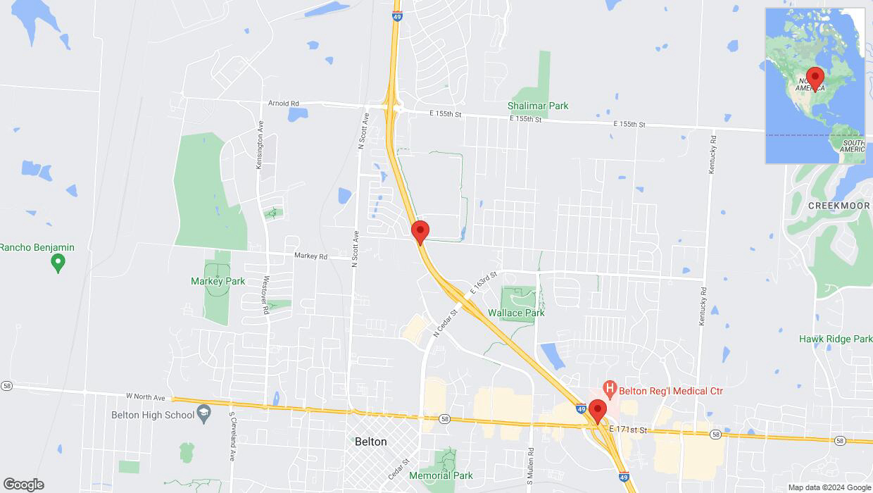 A detailed map that shows the affected road due to 'Drivers cautioned as heavy rain triggers traffic concerns on southbound I-40/US-71 in Belton' on August 11th at 11:17 p.m.