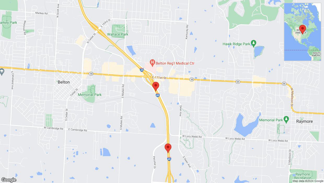 A detailed map that shows the affected road due to 'Heavy rain prompts traffic warning on southbound I-40/US-71 in Belton' on August 11th at 11:29 p.m.