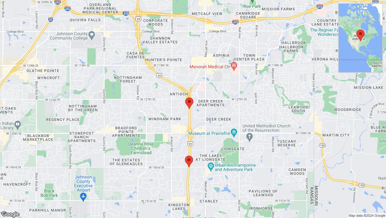A detailed map that shows the affected road due to 'Lane on US-69 closed in Overland Park' on August 12th at 3:39 p.m.
