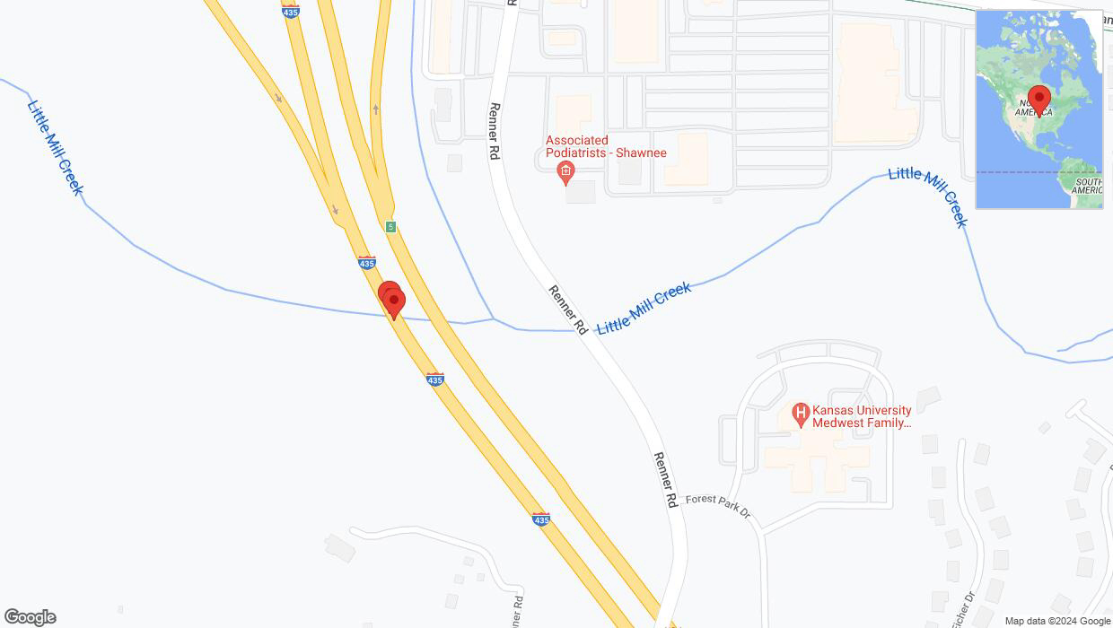 A detailed map that shows the affected road due to 'Lane on I-435 closed in Shawnee' on August 12th at 6:39 p.m.
