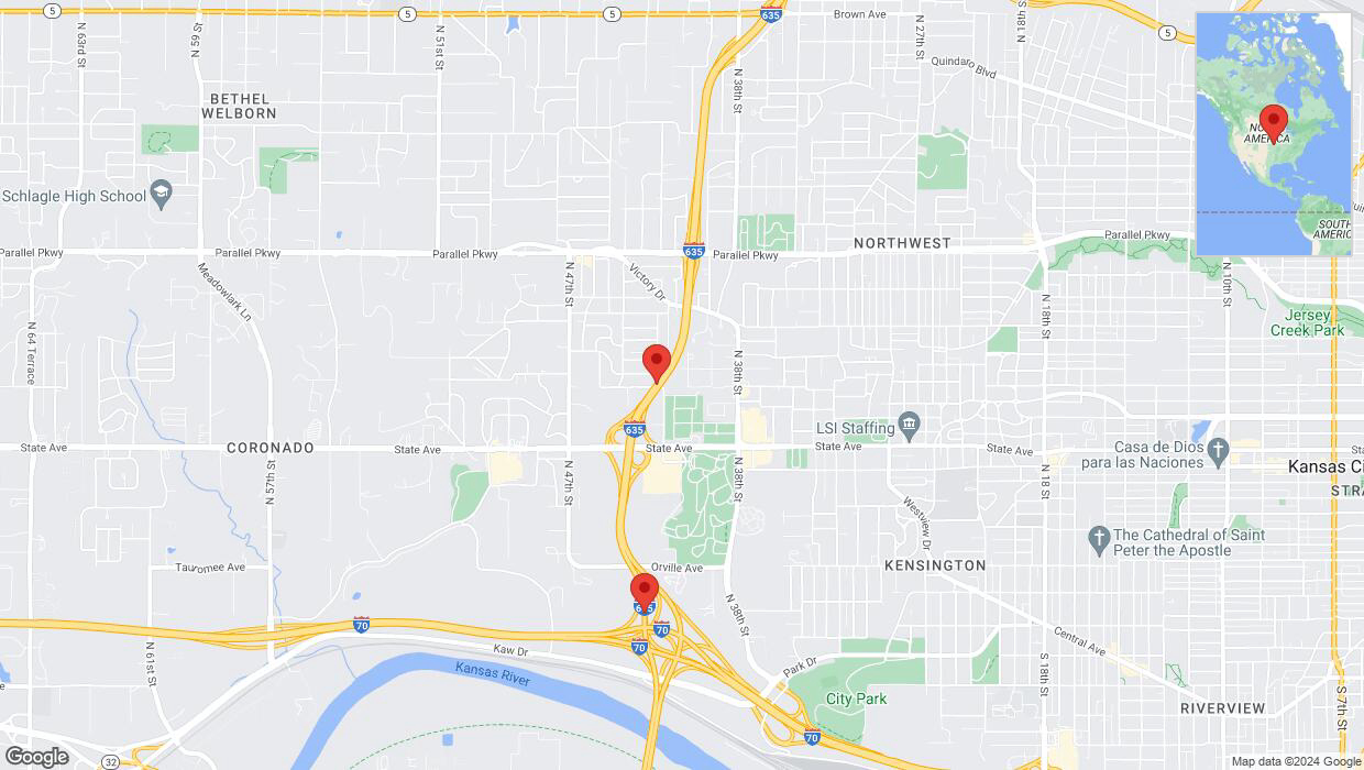 A detailed map that shows the affected road due to 'Lane on I-635 closed in Kansas City' on August 12th at 11:39 p.m.