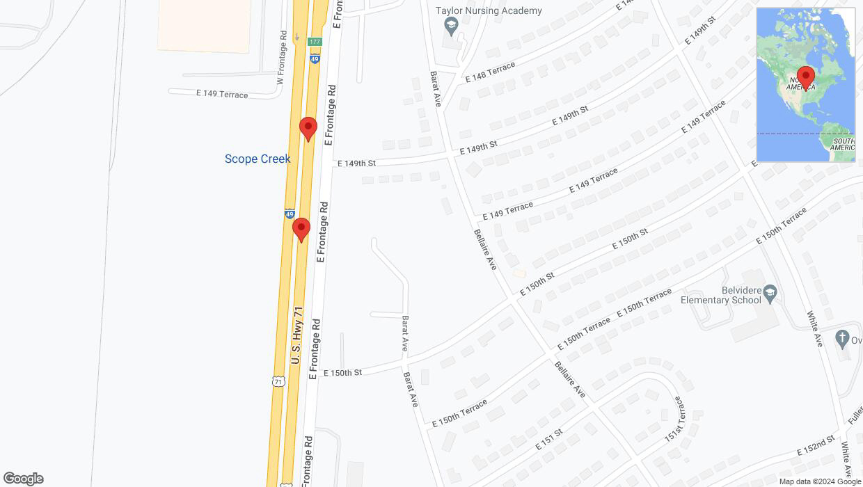 A detailed map that shows the affected road due to 'Broken down vehicle on northbound I-40/US-71 in Grandview' on August 14th at 12:26 p.m.