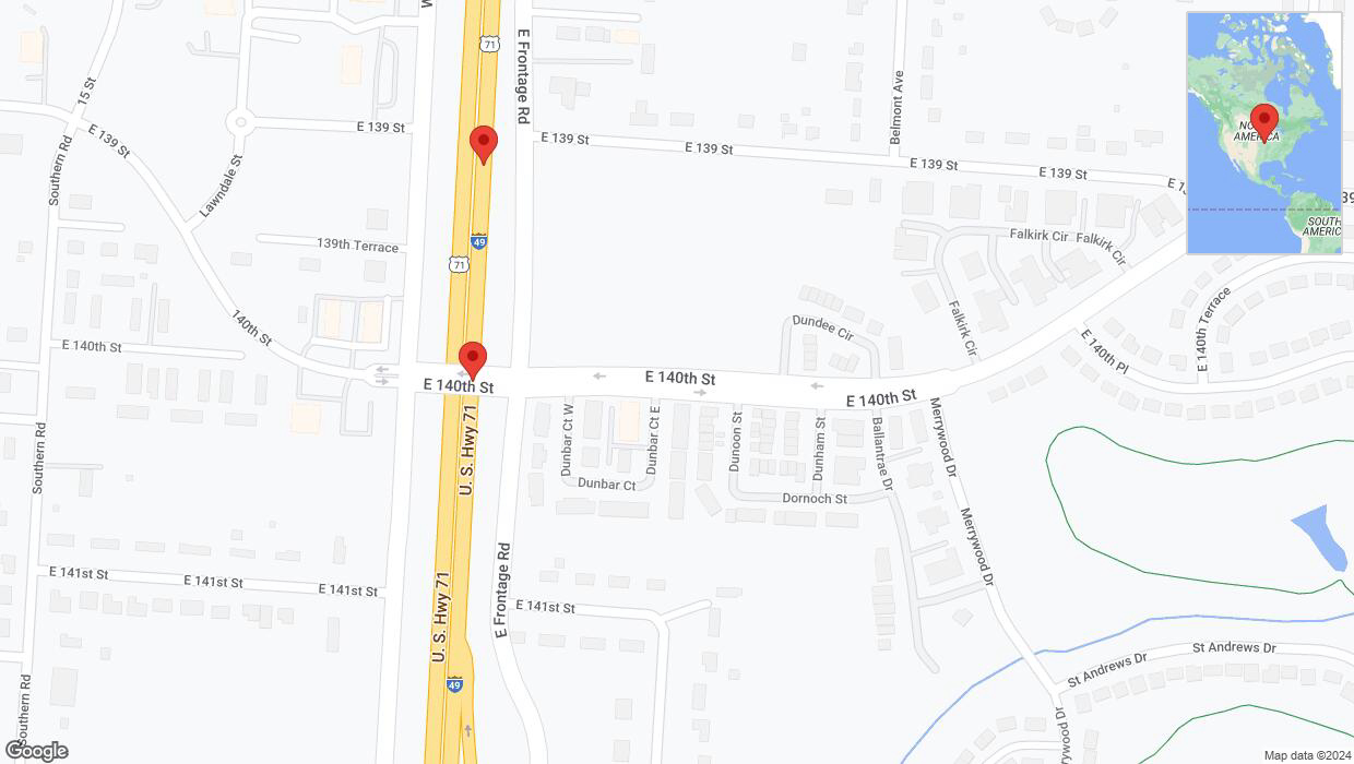A detailed map that shows the affected road due to 'Broken down vehicle on northbound I-40/US-71 in Grandview' on August 13th at 12:44 p.m.