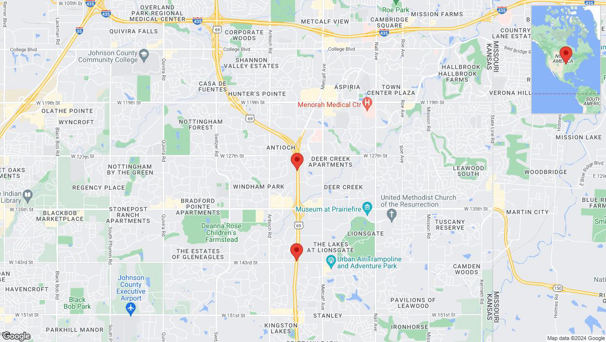 A detailed map that shows the affected road due to 'Lane on US-69 closed in Overland Park' on August 13th at 12:56 p.m.