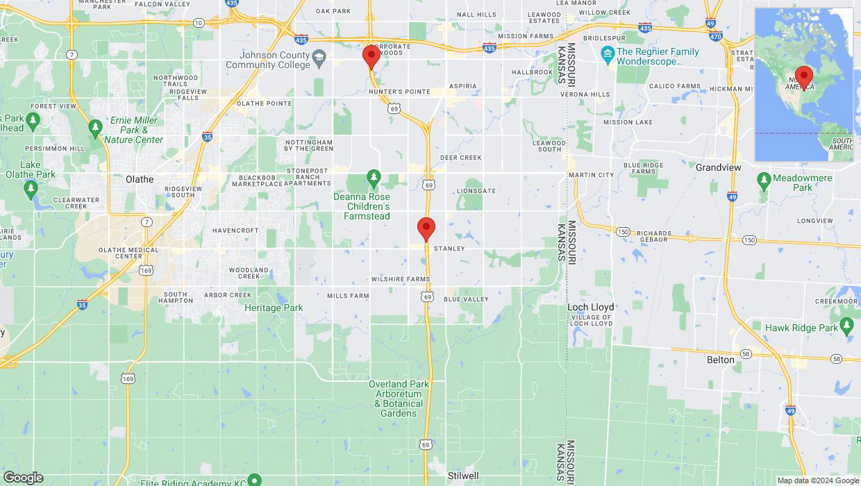 A detailed map that shows the affected road due to 'Lane on US-69 closed in Overland Park' on August 13th at 7:56 p.m.