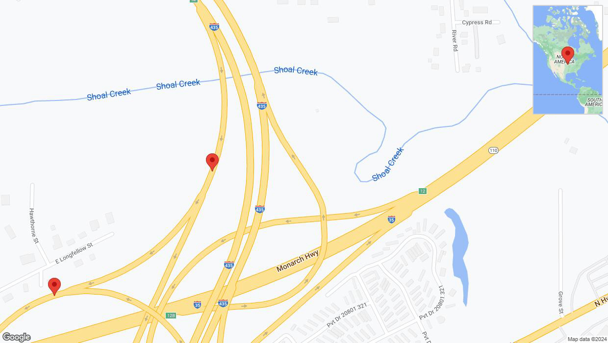 A detailed map that shows the affected road due to 'Broken down vehicle on Interstate 435 in Claycomo' on August 13th at 1:08 p.m.