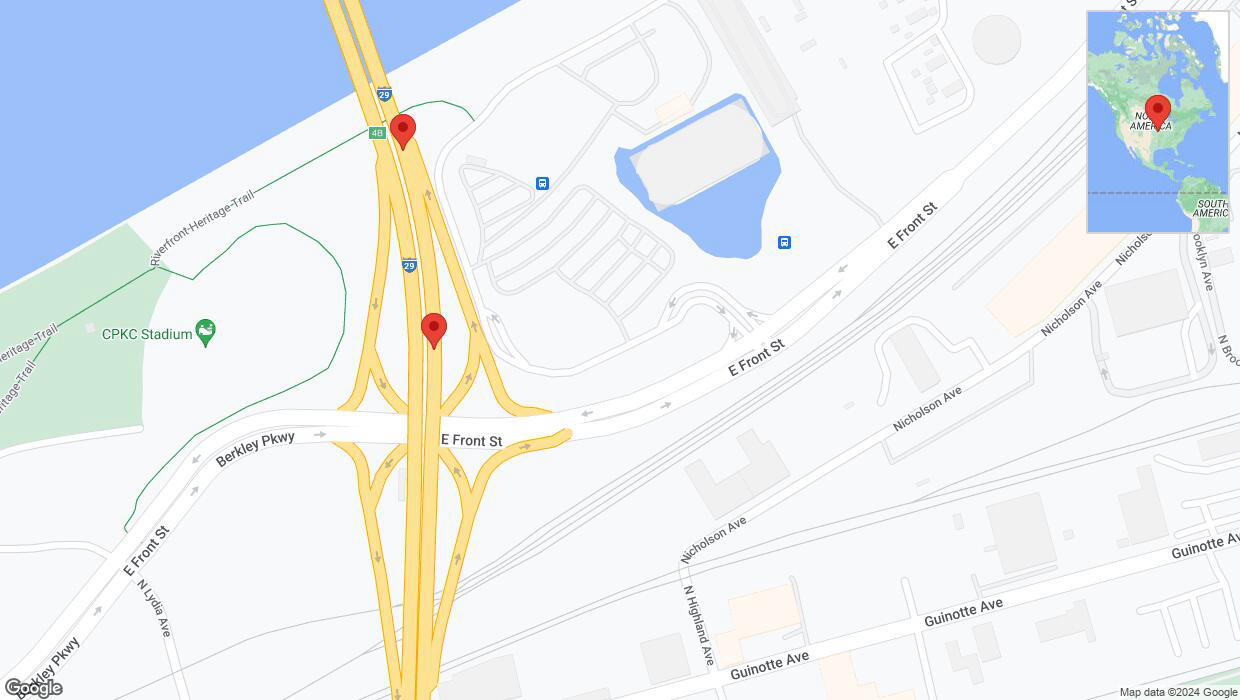 A detailed map that shows the affected road due to 'Broken down vehicle on northbound I-29/I-35 in Kansas City' on August 13th at 3:08 p.m.
