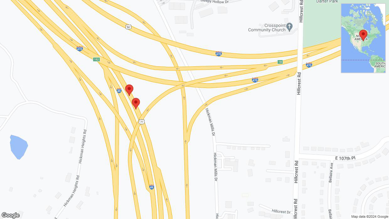 A detailed map that shows the affected road due to 'Broken down vehicle on northbound I-40/US-71 in Kansas City' on August 13th at 1:56 p.m.