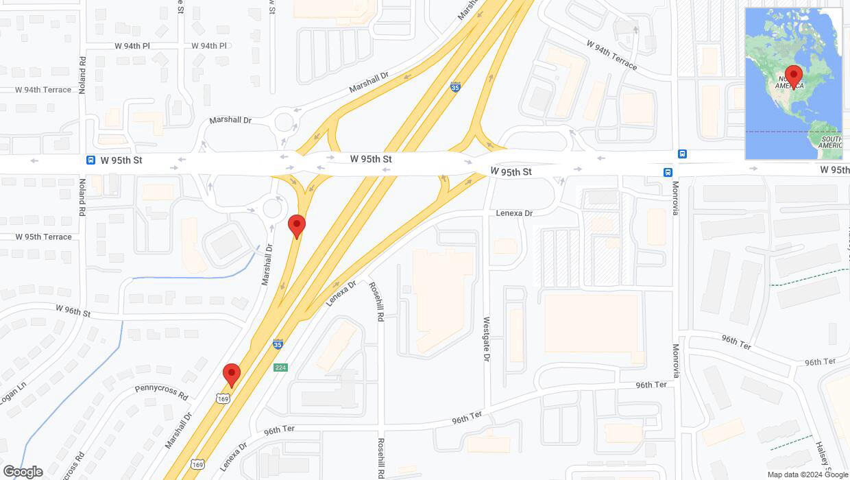 A detailed map that shows the affected road due to 'Broken down vehicle on Marshall Drive in Lenexa' on August 13th at 2:26 p.m.