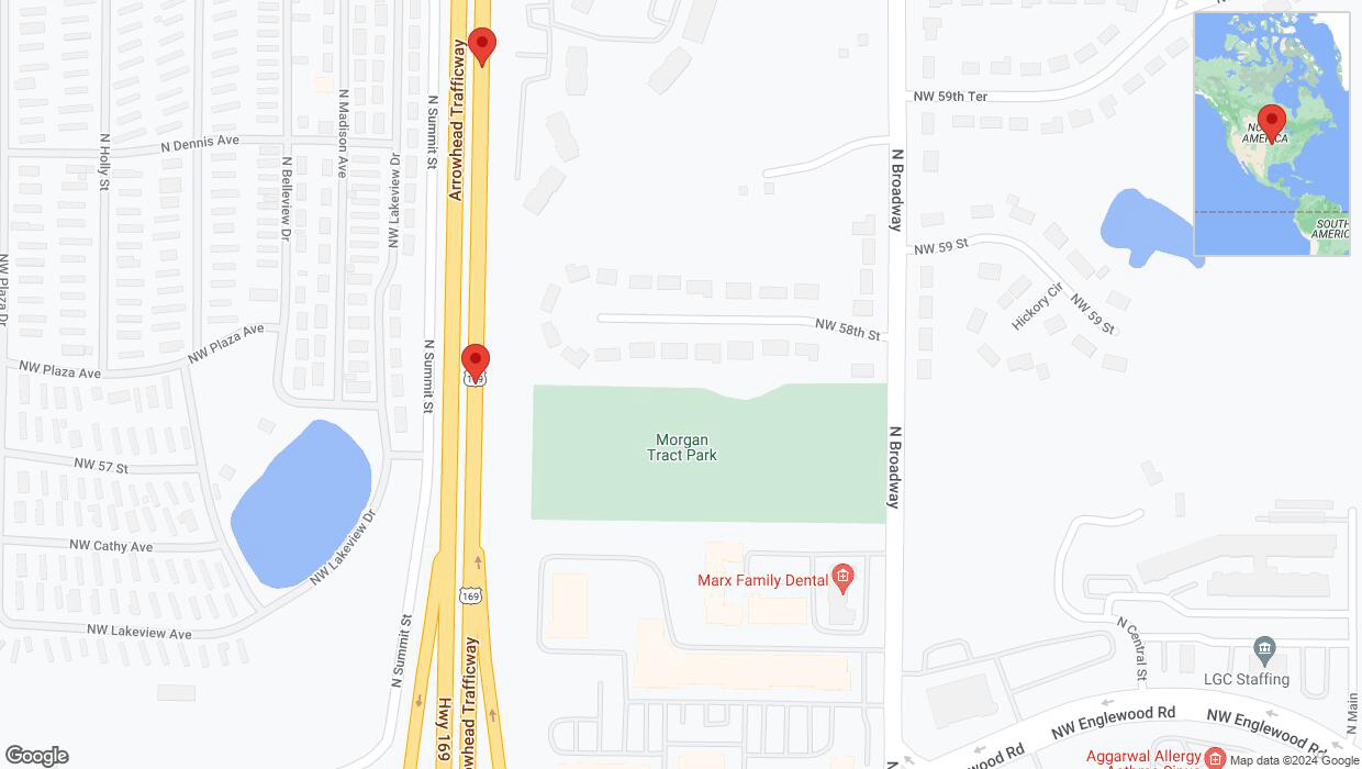 A detailed map that shows the affected road due to 'Broken down vehicle on northbound US-169 in Kansas City' on August 13th at 3:20 p.m.