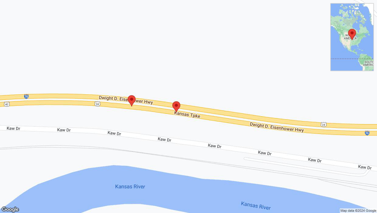A detailed map that shows the affected road due to 'Broken down vehicle on eastbound I-70 in Kansas City' on August 13th at 3:44 p.m.