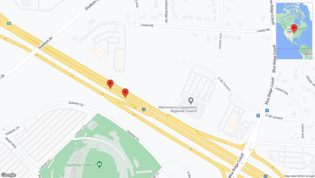 A detailed map that shows the affected road due to 'Crash reported on eastbound I-70 in Kansas City' on August 13th at 5:44 p.m.