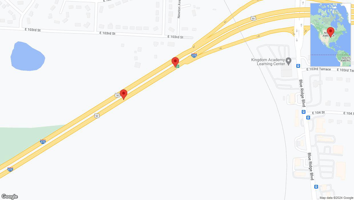 A detailed map that shows the affected road due to 'Broken down vehicle on eastbound I-470 in Kansas City' on August 17th at 9:26 p.m.