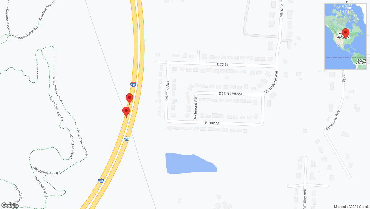 A detailed map that shows the affected road due to 'Broken down vehicle on southbound I-435 in Kansas City' on August 13th at 5:32 p.m.