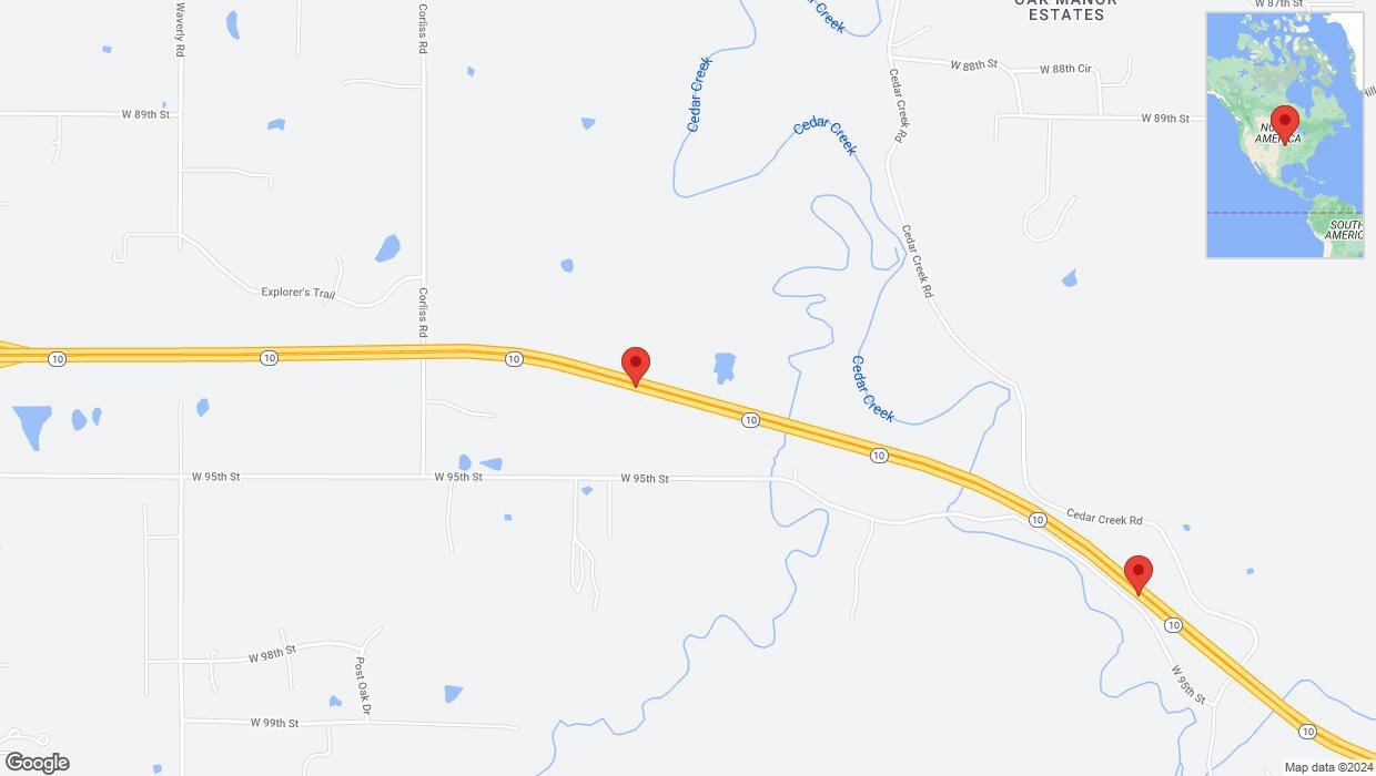 A detailed map that shows the affected road due to 'Lane on K-10 closed in De Soto' on August 13th at 5:55 p.m.
