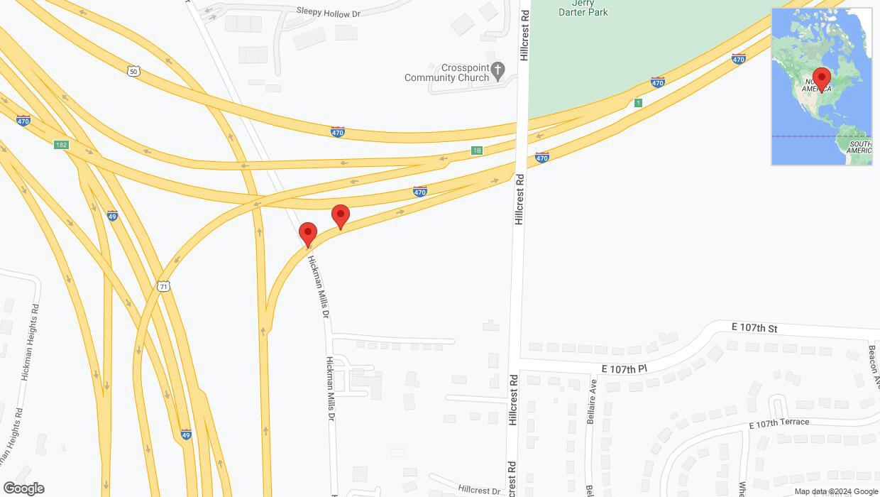 A detailed map that shows the affected road due to 'Broken down vehicle on Hickman Mills Drive in Kansas City' on August 13th at 6:02 p.m.