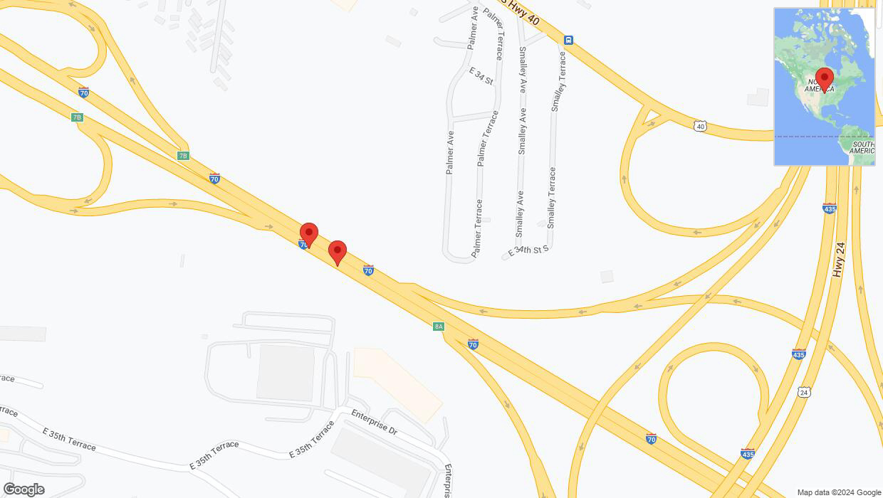 A detailed map that shows the affected road due to 'Broken down vehicle on eastbound I-70 in Kansas City' on August 13th at 6:38 p.m.