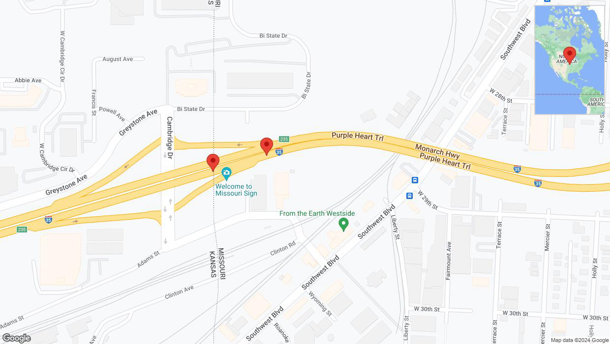 A detailed map that shows the affected road due to 'Broken down vehicle on northbound I-35 in Kansas City' on August 13th at 11:26 p.m.