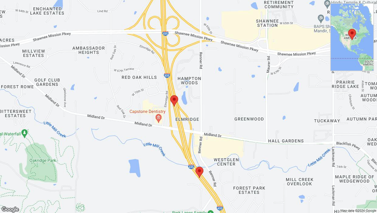 A detailed map that shows the affected road due to 'Lane on I-435 closed in Shawnee' on August 13th at 6:56 p.m.