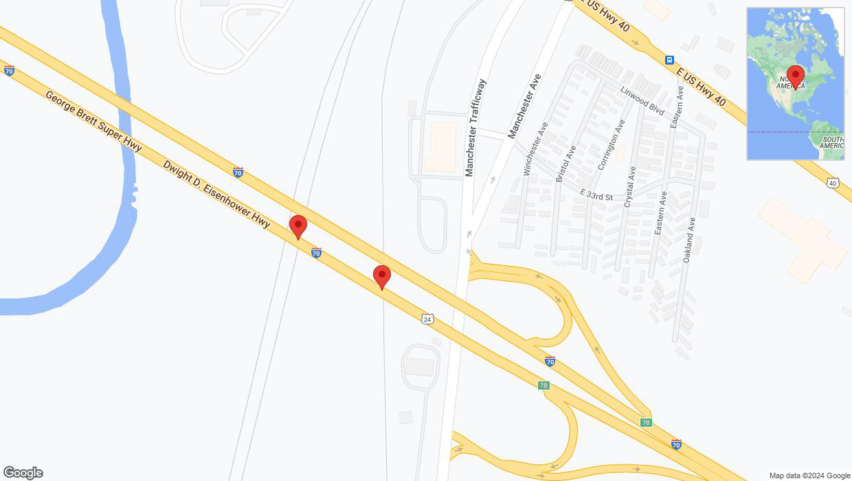 A detailed map that shows the affected road due to 'Broken down vehicle on eastbound I-70 in Kansas City' on August 15th at 12 p.m.