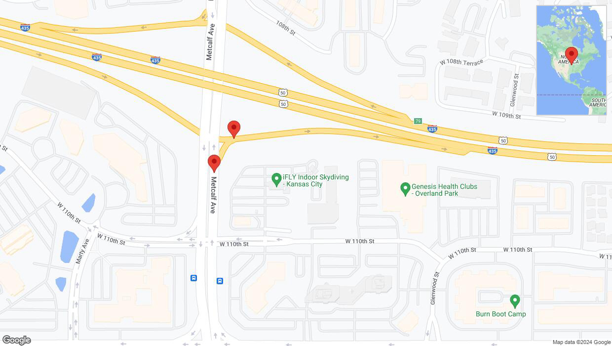 A detailed map that shows the affected road due to 'Overland Park: Metcalf Avenue closed' on August 15th at 8:42 p.m.