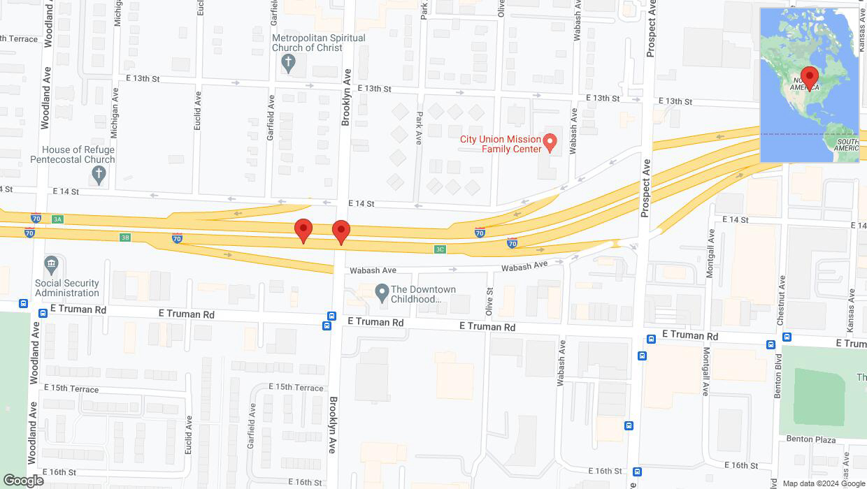 A detailed map that shows the affected road due to 'Broken down vehicle on eastbound I-70 in Kansas City' on August 13th at 10:02 p.m.