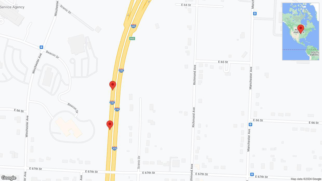 A detailed map that shows the affected road due to 'Broken down vehicle on southbound I-435 in Kansas City' on August 14th at 12:20 p.m.