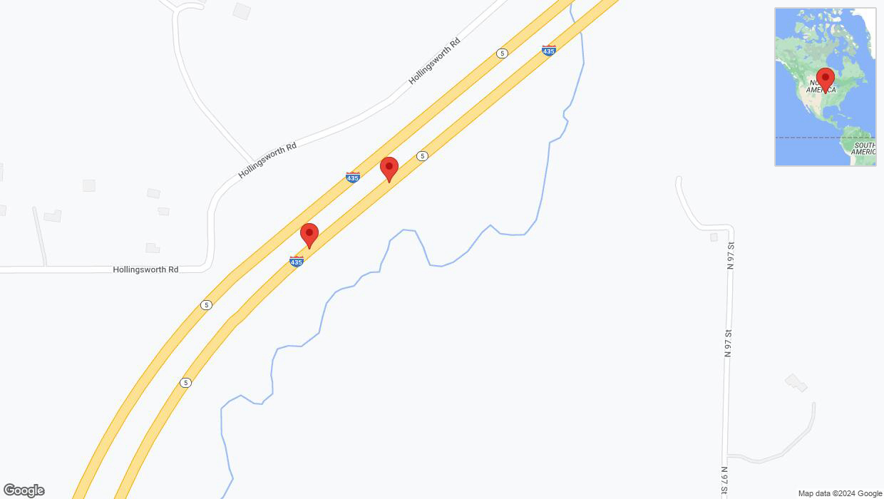 A detailed map that shows the affected road due to 'Broken down vehicle on northbound I-435 in Kansas City' on August 14th at 4:38 p.m.